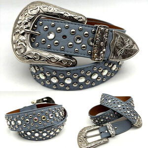 3D Brand 667 Baby Blue Genuine Leather Rhinestones Silver Studs Western Belt 30